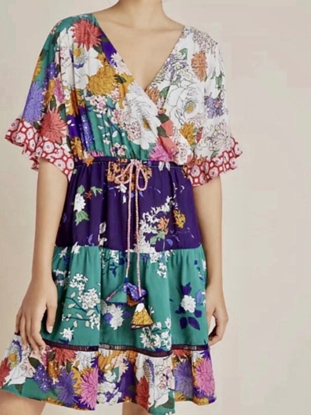 Anthropologie Nettie Tiered Mini Dress Floral Boho XL